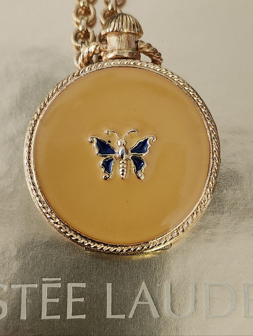 Vtg Rare Estee Lauder Azuree Butterfly Collectors Solid Perfume Necklace Full